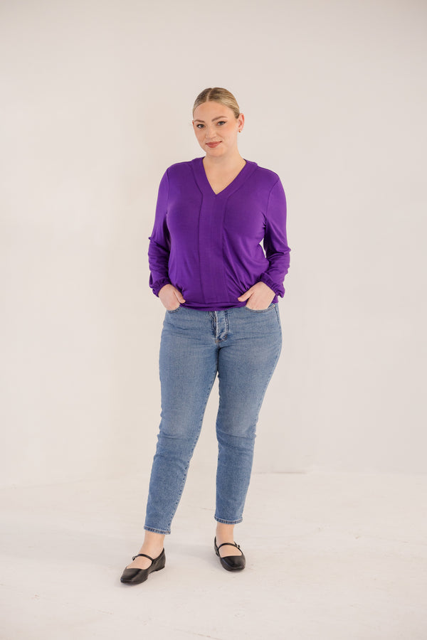 Chic Soul plus size clothing, petunia deep purple long sleeve top with v neckline with cuffed sleeves