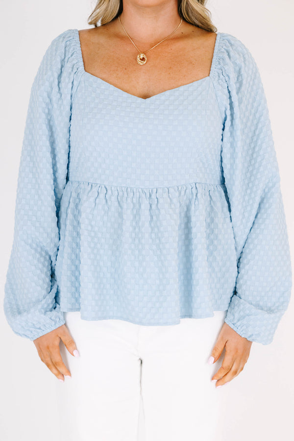 Chic Soul plus size clothing, blue long sleeve textured print top with square neckline with cuff sleeves and ruffle along bottom