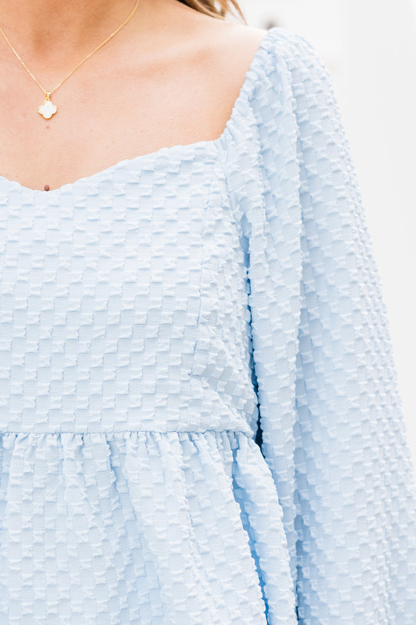 Chic Soul plus size clothing, blue long sleeve textured print top with square neckline with cuff sleeves and ruffle along bottom

