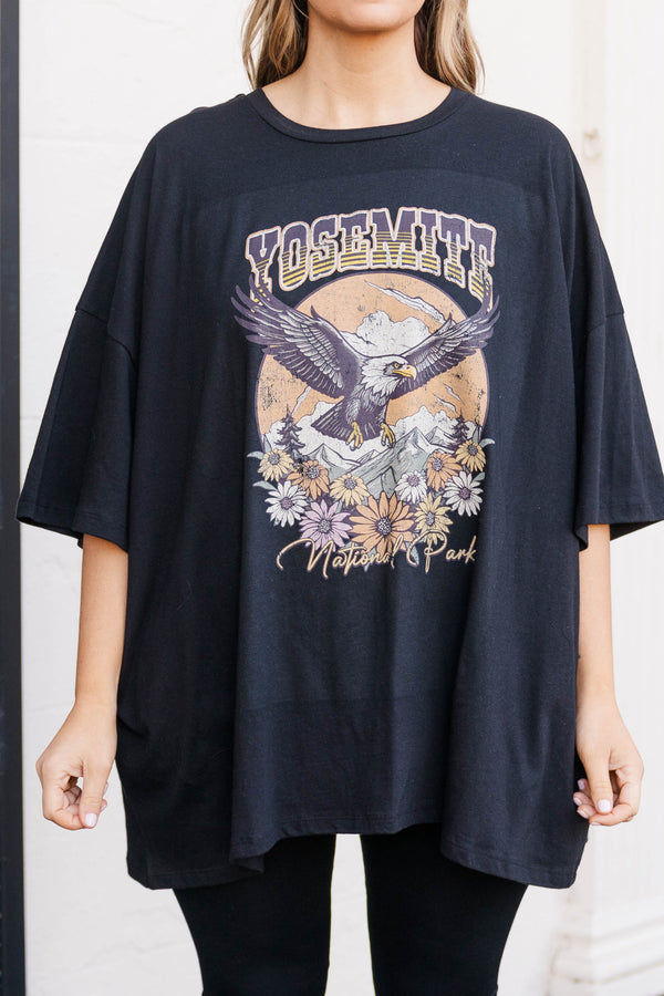 Chic Soul plus size clothing, black colored boyfreind tee with Yosemite National Park printed graphic