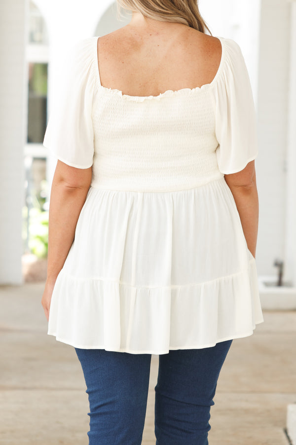 Chic Soul plus size clothing, ivory flowy top with a smocked bodice and flowy sleeves