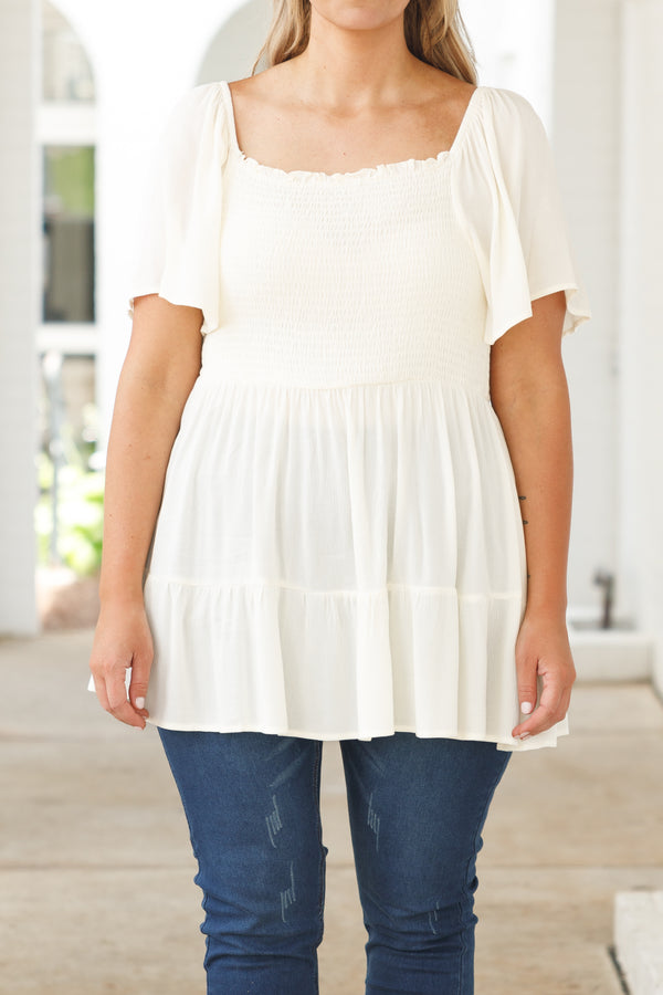 Chic Soul plus size clothing, ivory flowy top with a smocked bodice and flowy sleeves