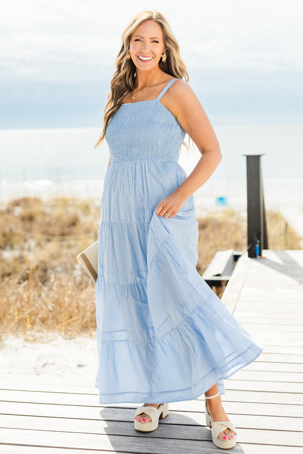 Chic Soul plus size clothing, sleeveless strap ruffled blue baby doll maxi dress with a smocked bodice and subtle darker blue stitching along the skirt 