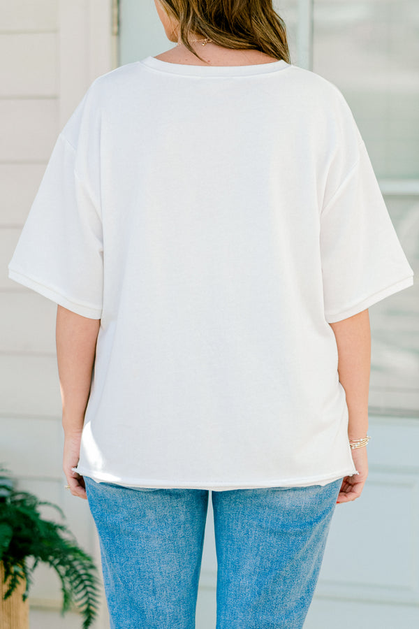 Plus Size white short sleeve top with red gingham embroidered cherry design and side slits.