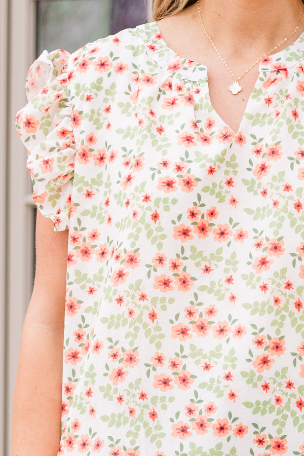 Chic Soul plus size clothing, white sort sleeve floral print top with flutter sleeves and v cutout along neckline