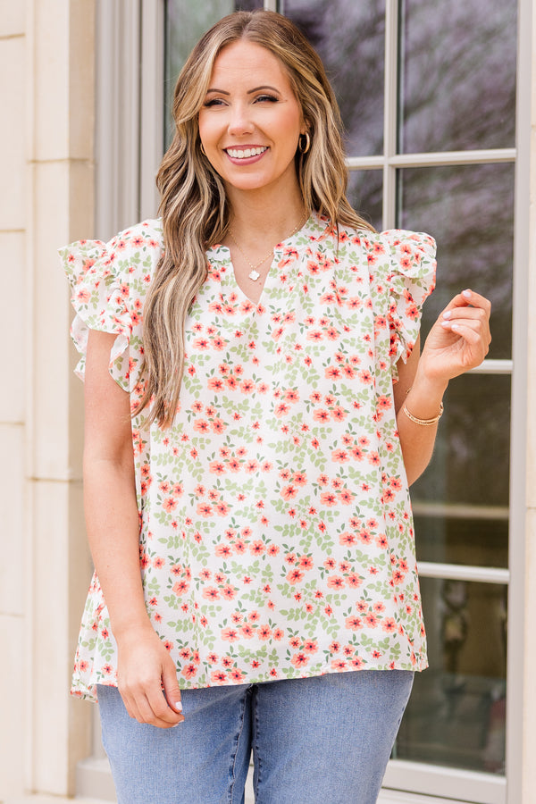 Chic Soul plus size clothing, white sort sleeve floral print top with flutter sleeves and v cutout along neckline