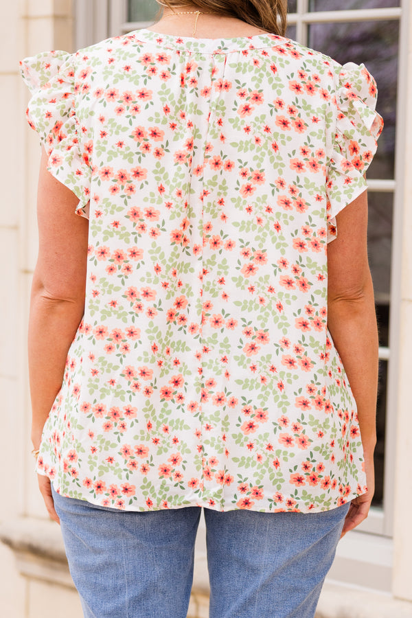 Chic Soul plus size clothing, white sort sleeve floral print top with flutter sleeves and v cutout along neckline
