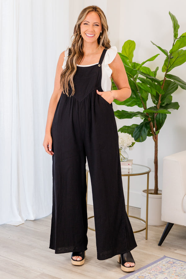 Chic Soul plus size clothing, black jumpsuit with pockets and thin straps