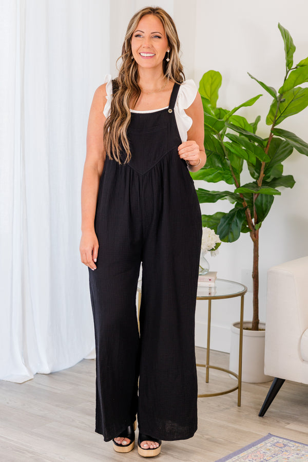 Chic Soul plus size clothing, black jumpsuit with pockets and thin straps