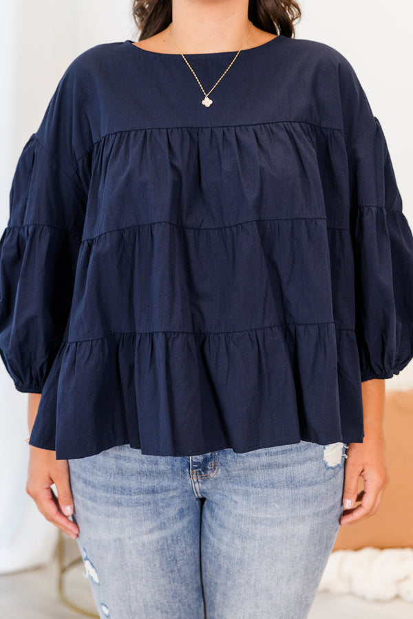 Chic Soul plus size clothing, quarter-sleeve navy blue ruffled top with scoop-neckline and balloon sleeves