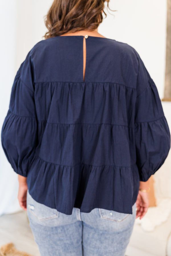 Chic Soul plus size clothing, quarter-sleeve navy blue ruffled top with scoop-neckline and balloon sleeves