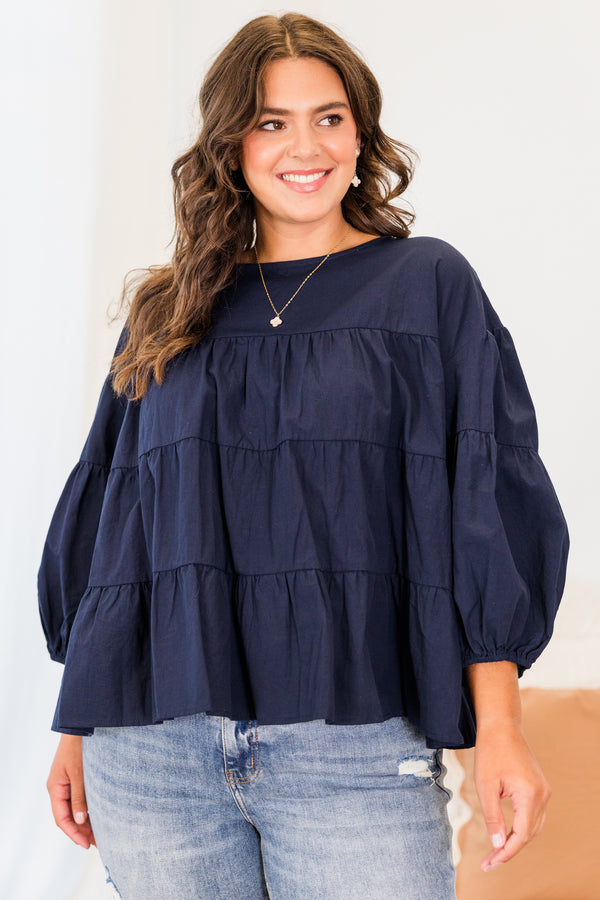 Chic Soul plus size clothing, quarter-sleeve navy blue ruffled top with scoop-neckline and balloon sleeves