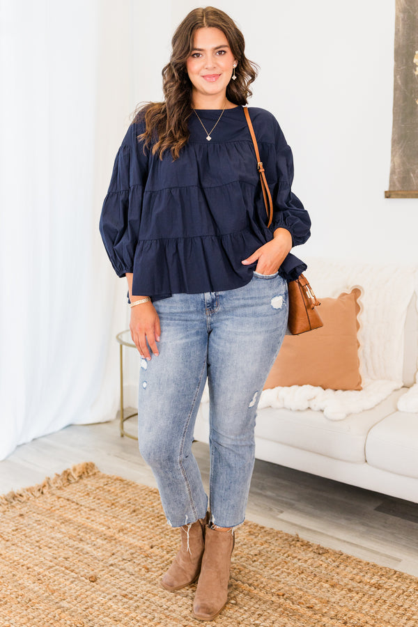 Chic Soul plus size clothing, quarter-sleeve navy blue ruffled top with scoop-neckline and balloon sleeves