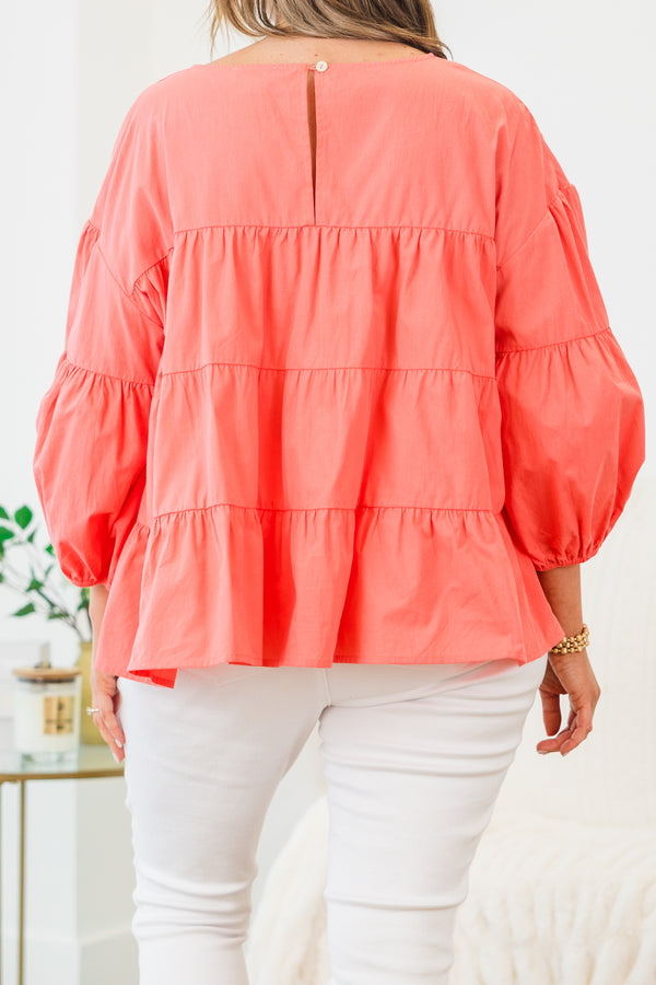 Chic Soul plus size clothing, coral long sleeve ruffle tiered top with round neckline with cuffed puff sleeves