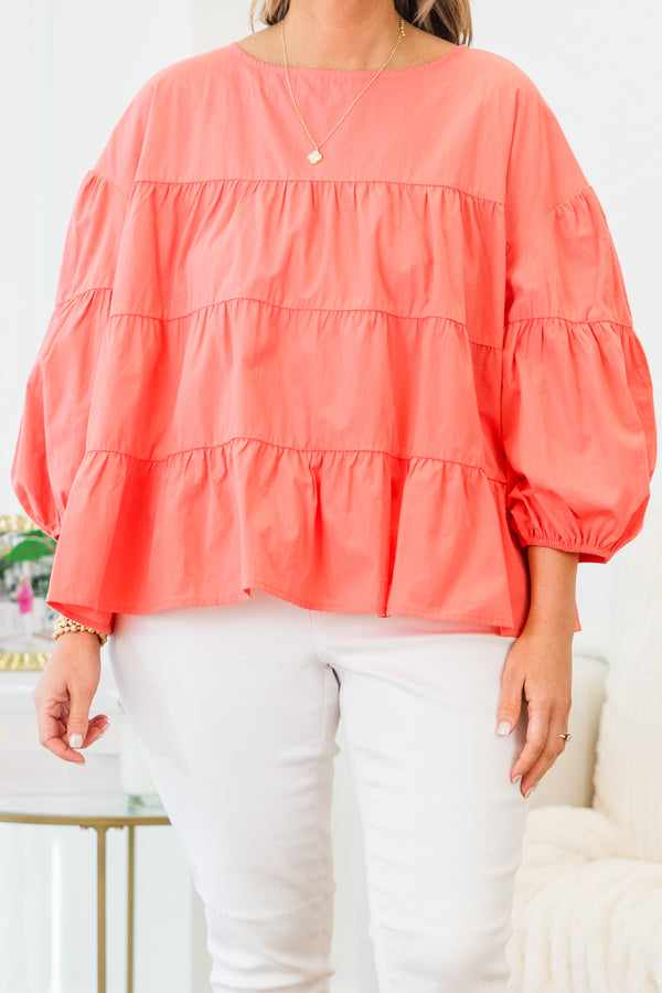 Chic Soul plus size clothing, coral long sleeve ruffle tiered top with round neckline with cuffed puff sleeves