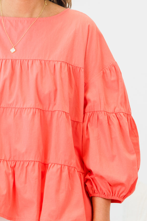 Chic Soul plus size clothing, coral long sleeve ruffle tiered top with round neckline with cuffed puff sleeves