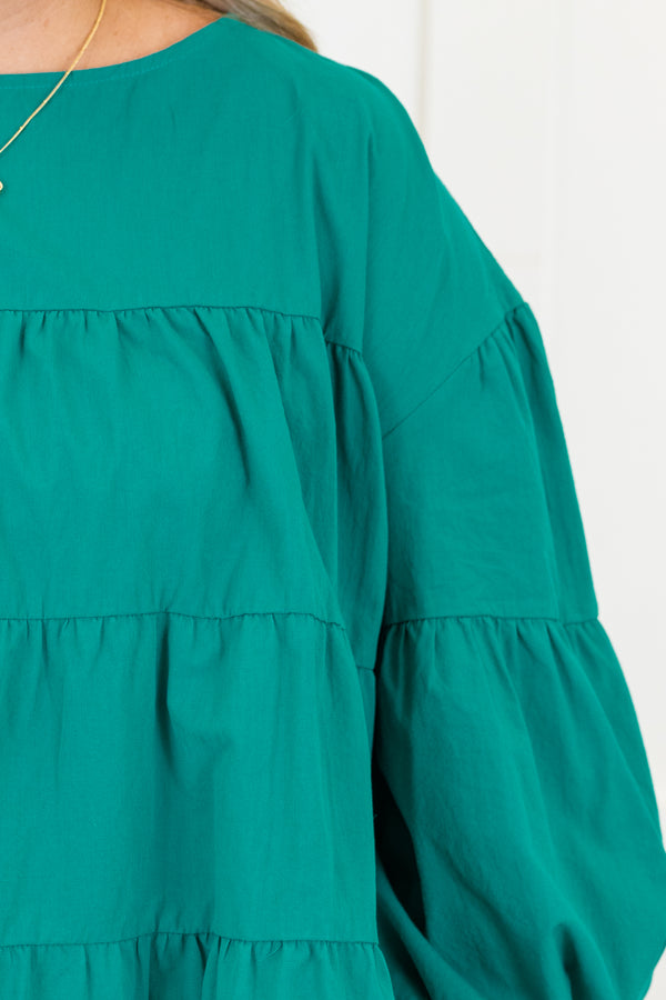 Chic Soul plus size clothing, emerald long sleeve tiered top with round neckline with cuff sleeves
