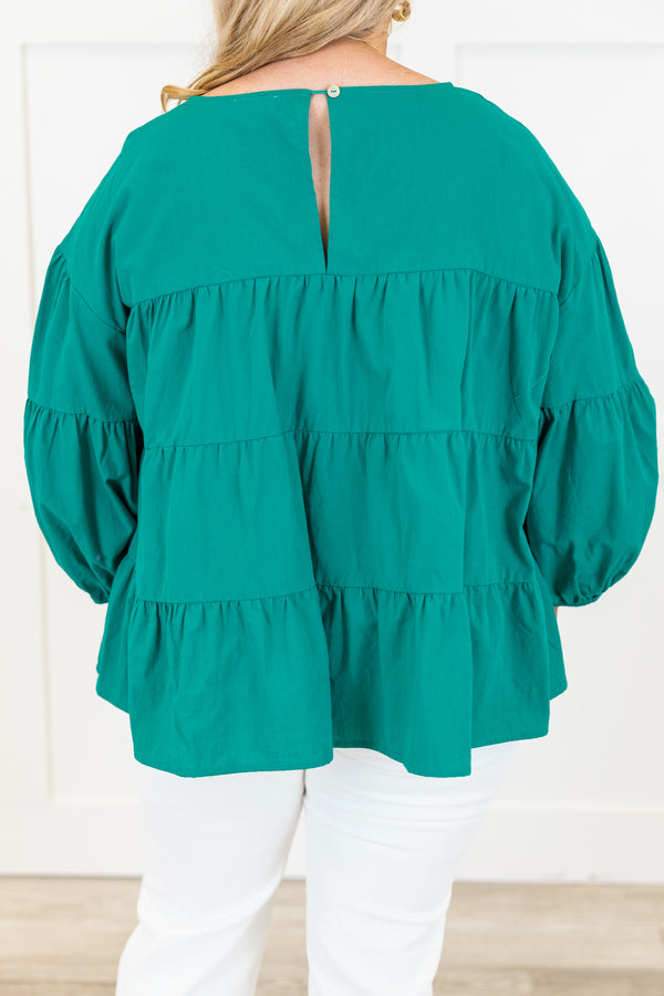 Chic Soul plus size clothing, emerald long sleeve tiered top with round neckline with cuff sleeves