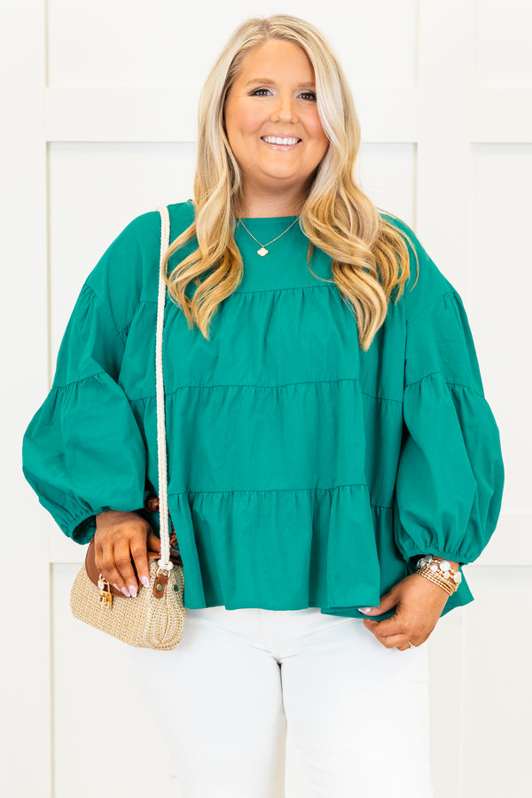 Chic Soul plus size clothing, emerald long sleeve tiered top with round neckline with cuff sleeves