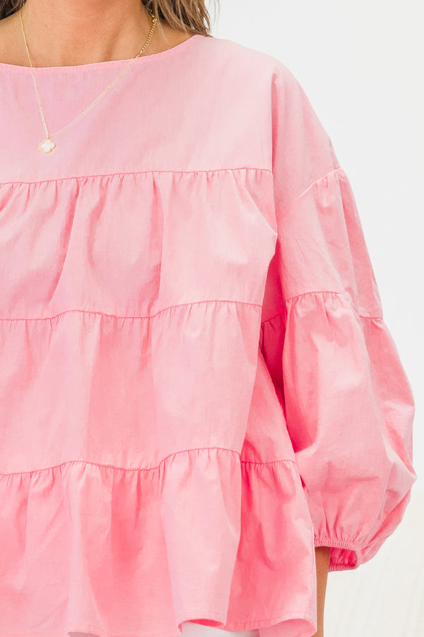 Chic Soul plus size clothing, pink long sleeve ruffle tiered top with cuff puff sleeves with round neckline
