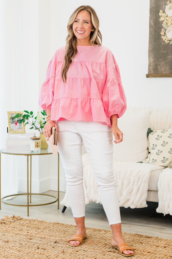 Chic Soul plus size clothing, pink long sleeve ruffle tiered top with cuff puff sleeves with round neckline
