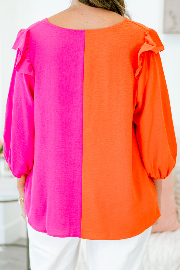 Chic Soul plus size clothing, orange-fuchsia split long sleeve top with v neckline and ruffle on shoulders with cuff sleeves