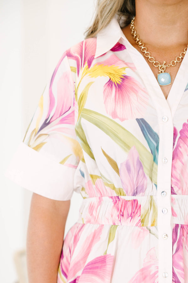 Plus Size short sleeve button-down shirt dress in white with a vibrant pink floral print.