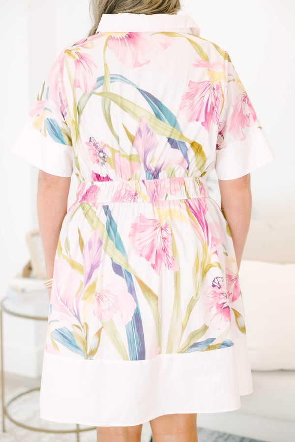 Plus Size short sleeve button-down shirt dress in white with a vibrant pink floral print.