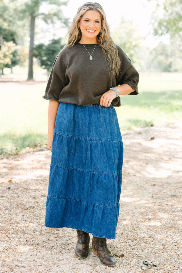 Plus size dark wash denim tiered maxi skirt with a comfortable elastic waist and flowy silhouette.