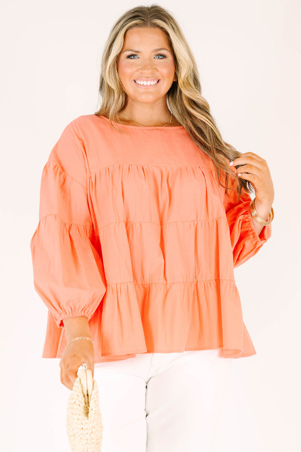 Chic Soul plus size clothing, coral long sleeve ruffle tiered top with round neckline with cuffed puff sleeves