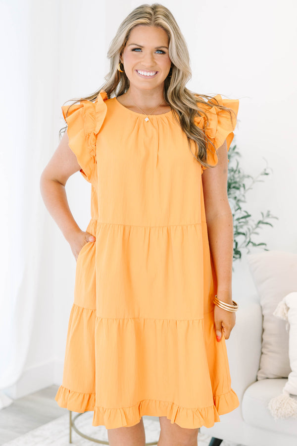 Chic Soul plus size clothing, apricot orange short-ruffle sleeve rounded-pleated neckline short tiered dress with button keyhole on back