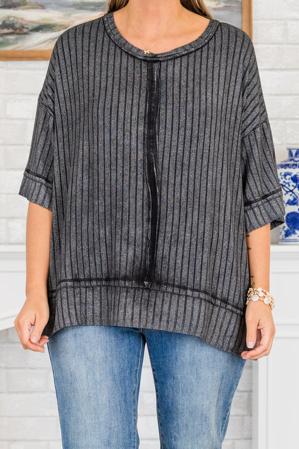 Chic Soul plus size clothing, short-sleeve ash black acid wash ribbed distressed inside-out stitching top