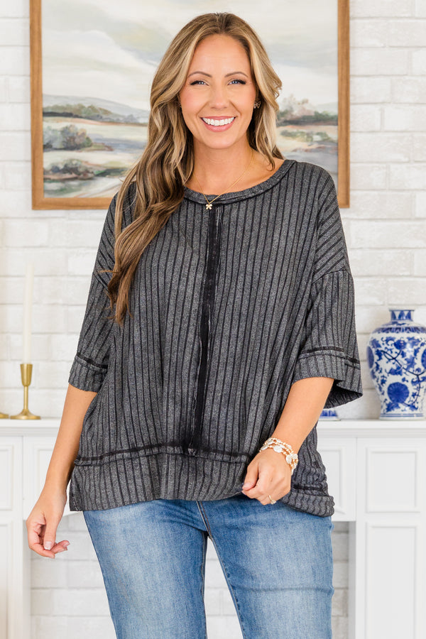 Chic Soul plus size clothing, short-sleeve ash black acid wash ribbed distressed inside-out stitching top