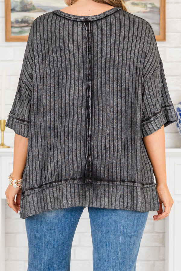 Chic Soul plus size clothing, short-sleeve ash black acid wash ribbed distressed inside-out stitching top