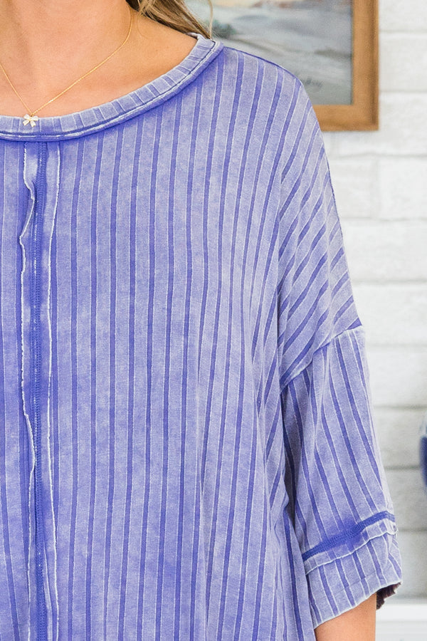 Chic Soul plus size clothing, short-sleeve marlin blue ribbed acid wash top with scoop-neckline and inside-out distressed stitching detailing