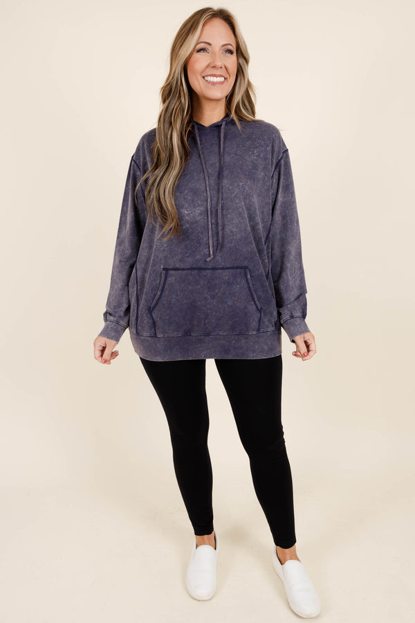 Chic Soul plus size clothing, navy colored acid wash hoodie with vintage looking seams and style
