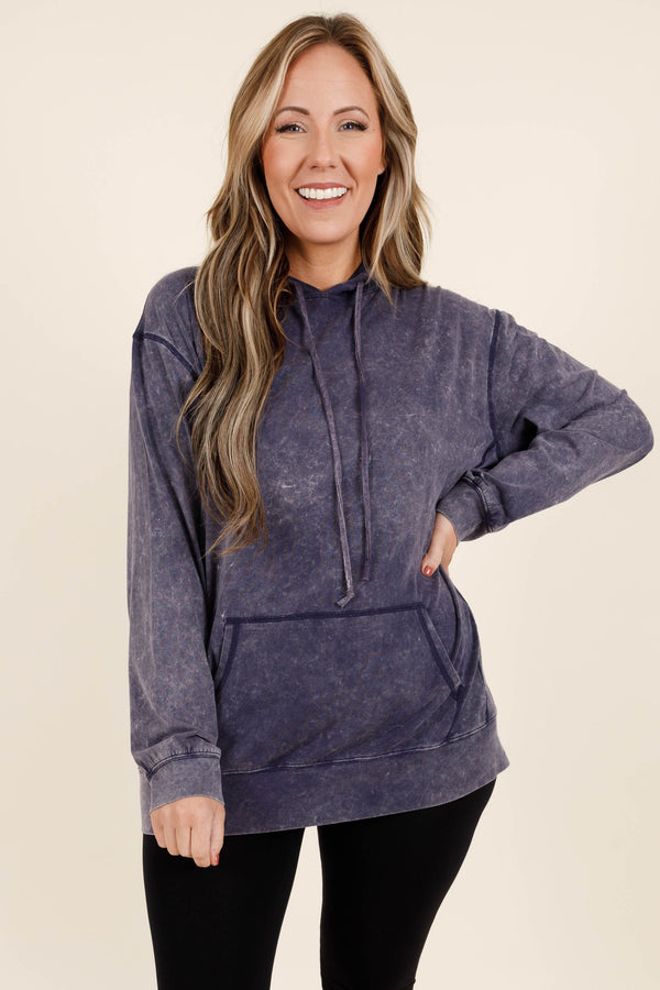 Chic Soul plus size clothing, navy colored acid wash hoodie with vintage looking seams and style