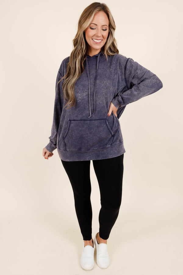 Chic Soul plus size clothing, navy colored acid wash hoodie with vintage looking seams and style