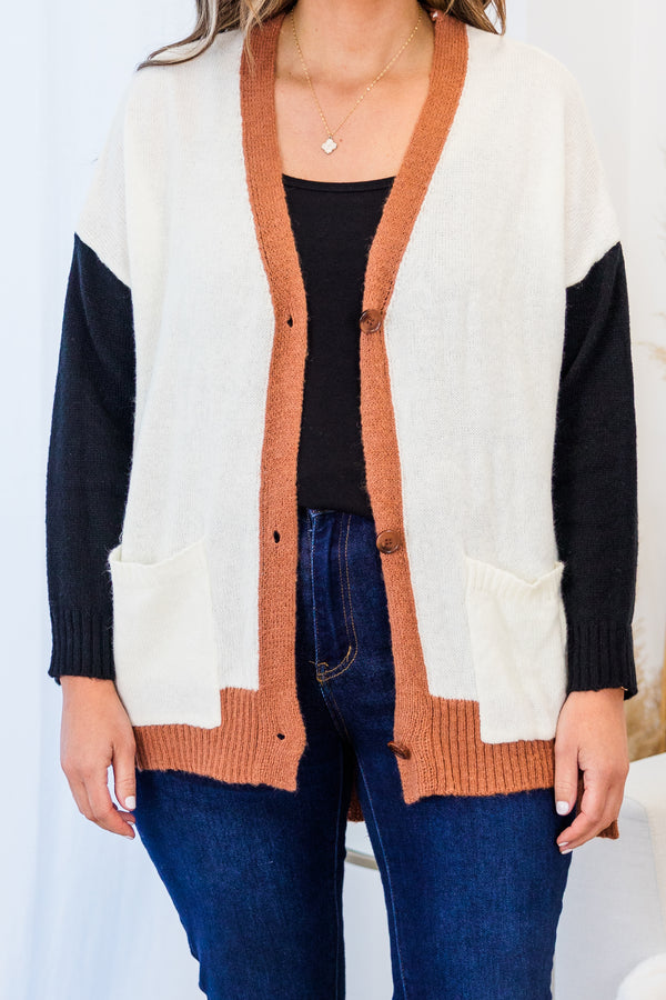 Chic Soul plus size clothing, long-sleeve white cardigan outlined with orange rust with black sleeves with orange rust button detailing 