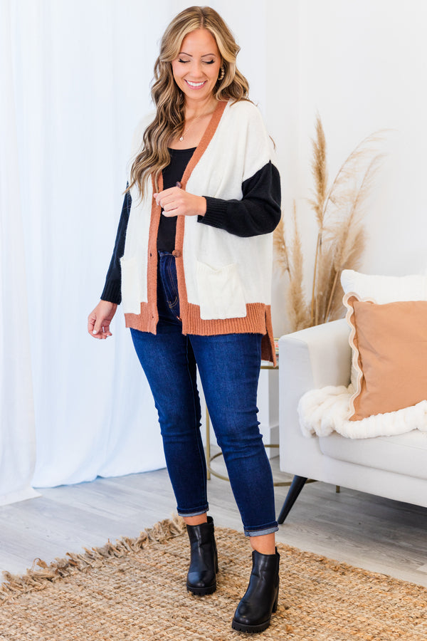Chic Soul plus size clothing, long-sleeve white cardigan outlined with orange rust with black sleeves with orange rust button detailing 