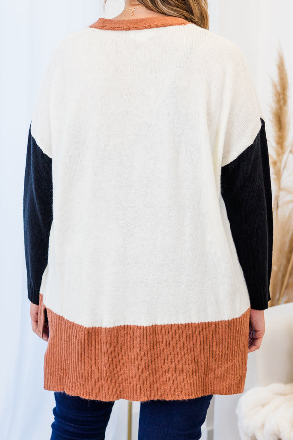 Chic Soul plus size clothing, long-sleeve white cardigan outlined with orange rust with black sleeves with orange rust button detailing 