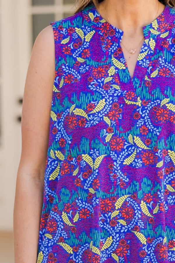 Chic Soul plus size clothing, royal multi sleeveless abstract print tank top with v cutout along neckline