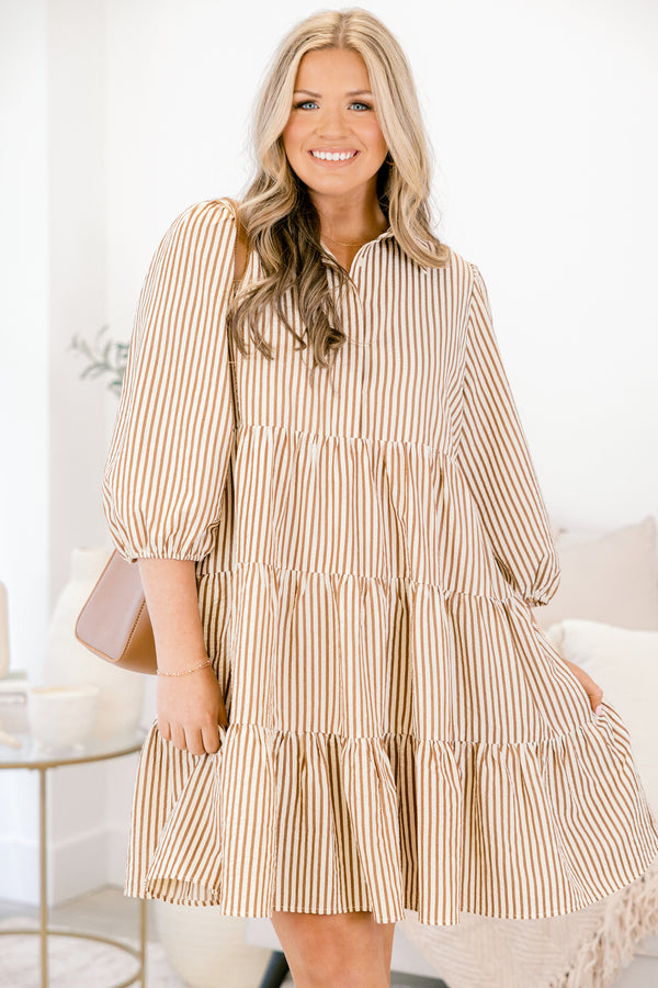 Chic Soul plus size clothing, white and tan stripe mid sleeve short dress with tiered skirt and collar