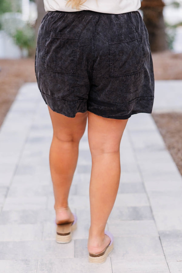 Chic Soul plus size clothing, black paperbag shorts with drawstring waistband and pockets