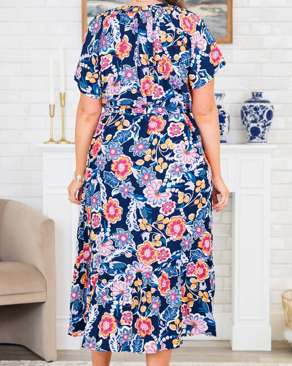 Chic Soul plus size clothing, short-sleeve navy midi dress with a multi-colored floral pattern
