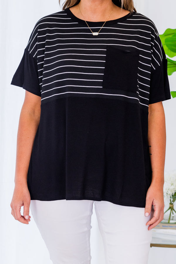 Chic Soul plus size clothing, short-sleeve black baby doll top with pocket on bodice and white striped pattern on upper-half 