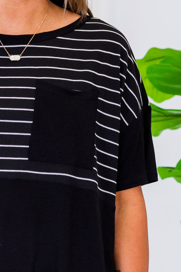 Chic Soul plus size clothing, short-sleeve black baby doll top with pocket on bodice and white striped pattern on upper-half 