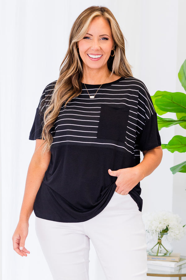 Chic Soul plus size clothing, short-sleeve black baby doll top with pocket on bodice and white striped pattern on upper-half 