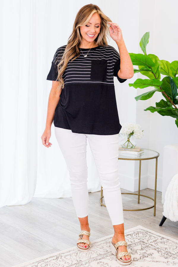 Chic Soul plus size clothing, short-sleeve black baby doll top with pocket on bodice and white striped pattern on upper-half 