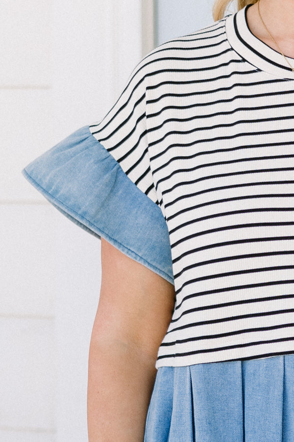 Chic Soul plus size clothing, short-sleeve denim light wash color block baby doll dress with a high-scoop-neckline and a white and black striped bodice 